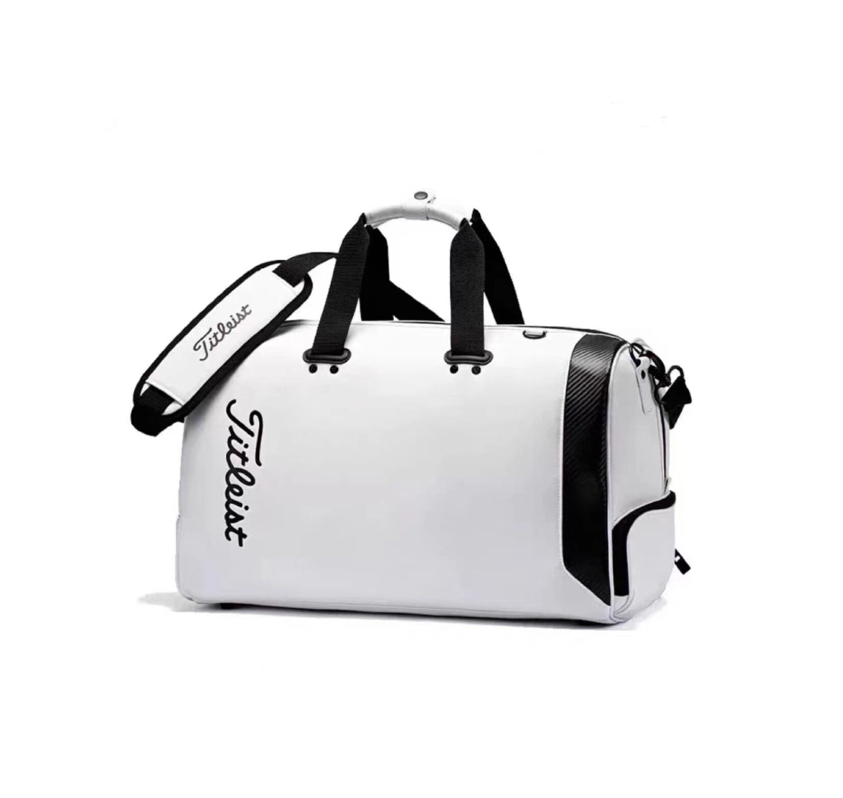 Full view of the white Titleist Tech Duffel with black trim, carbon side panel, and black embroidered "Titleist" logo. Includes a removable shoulder strap and structured design for durability.