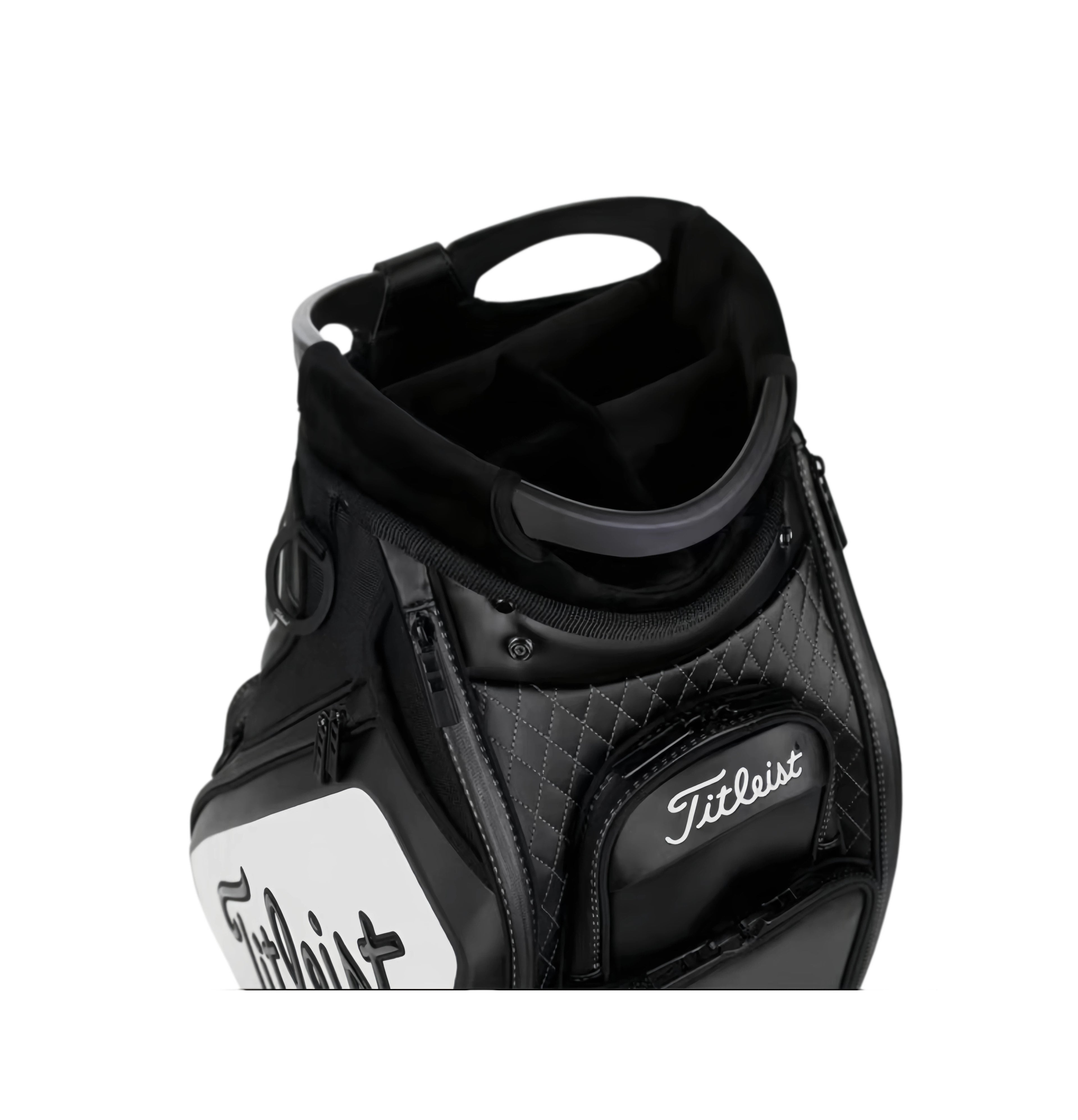 Three-quarter angle view of the Titleist Tour golf bag in black with bold red accents. Highlights the ergonomic shoulder strap with "Titleist" script, large front pocket, quilted paneling, and premium build quality for comfort and durability on the course.