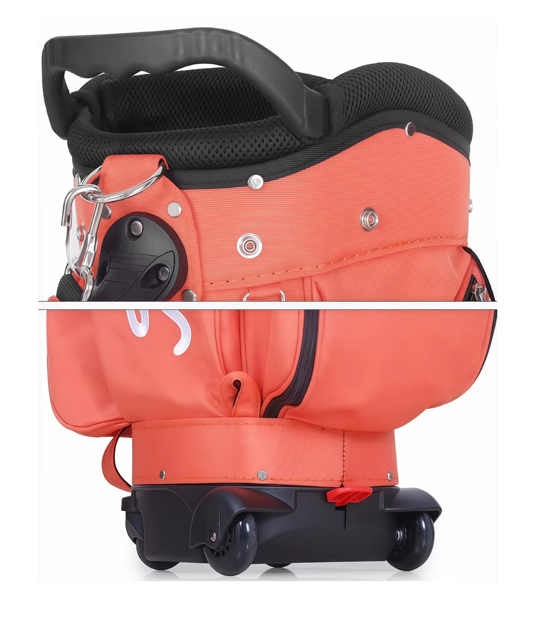 Close-up of the Titleist Travel Trolley Bag in coral red, highlighting the ergonomic top handle, durable metal hardware, and black dual-wheel base. Designed for smooth rolling and secure grip.
