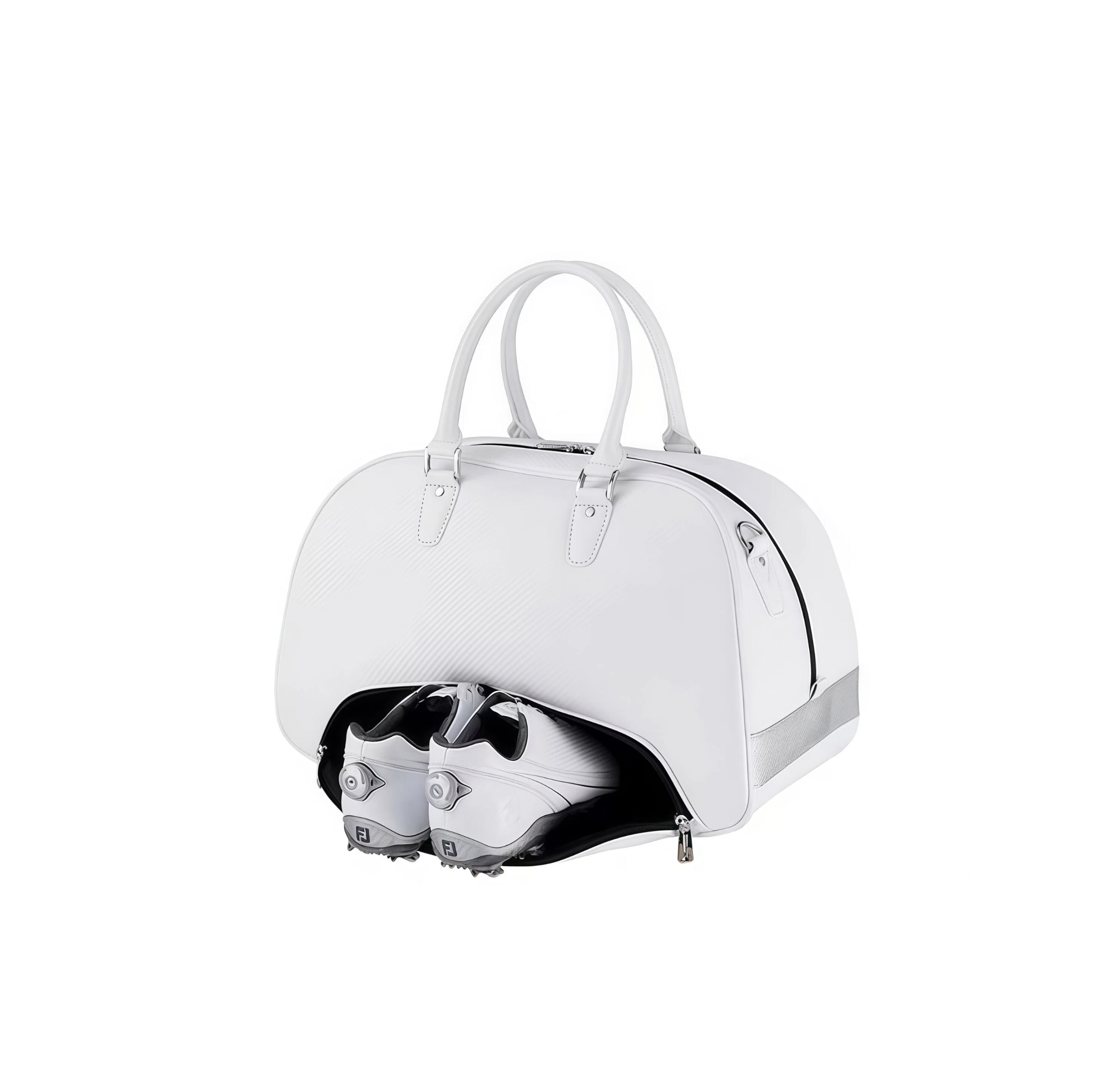 White Titleist duffel bag showing open shoe compartment with golf shoes inside. Designed for organized golf travel.