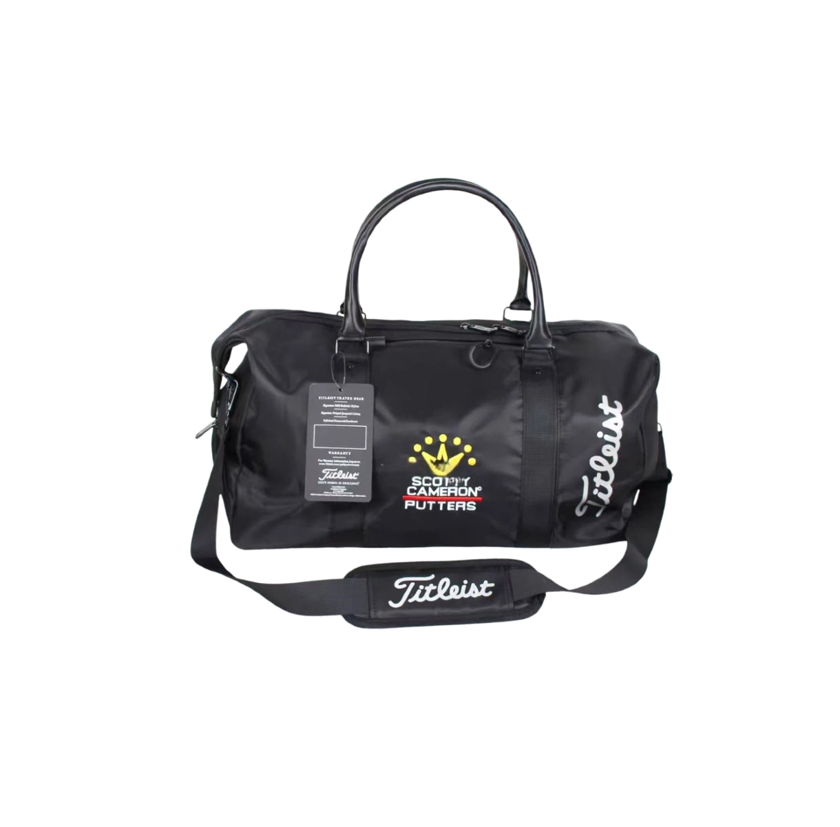 Front view of the black Titleist x Scotty Cameron Duffel Bag featuring the Scotty Cameron crown logo, "Titleist" script on side, and retail tag. Premium limited edition golf travel bag.
