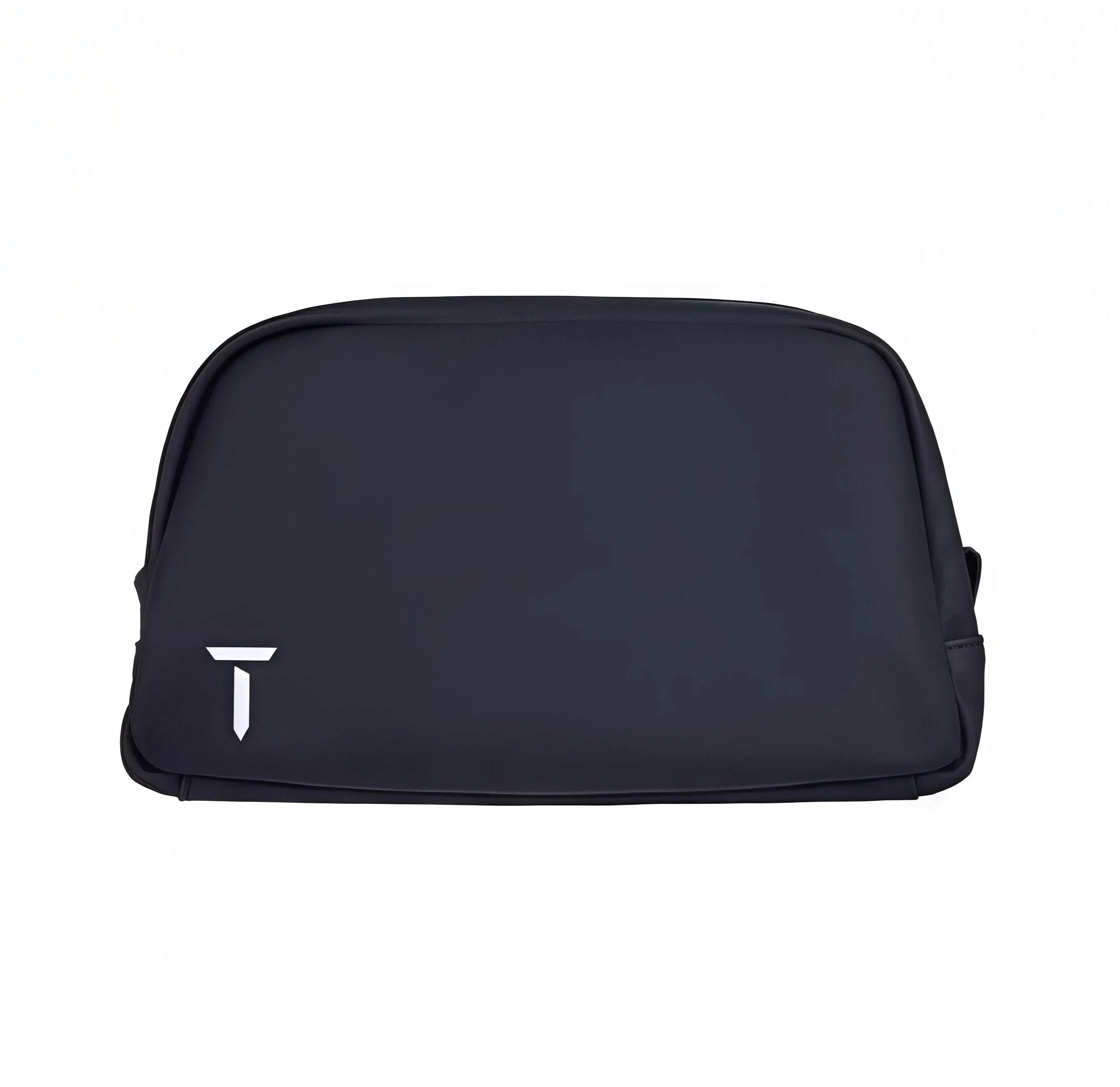 Top-down view of the black European Tour accessory pouch showing the centered white "T" logo and clean stitching. Designed for compact, organized storage.
