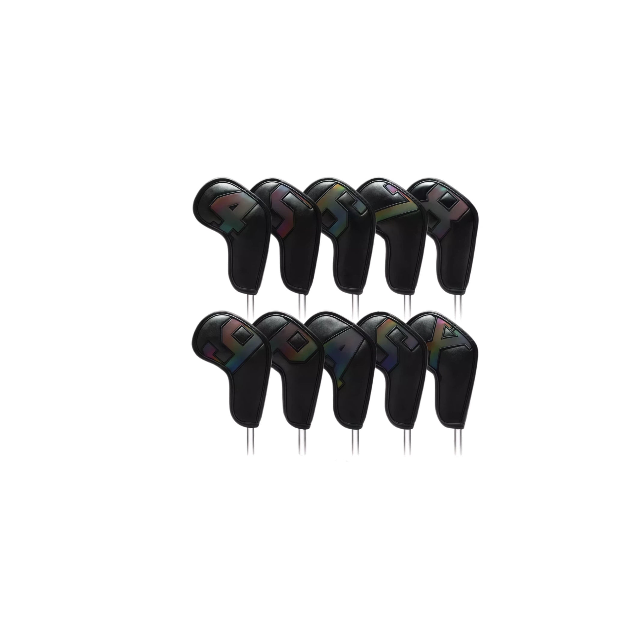 Set of black guitar picks with colorful patterns on a white background
