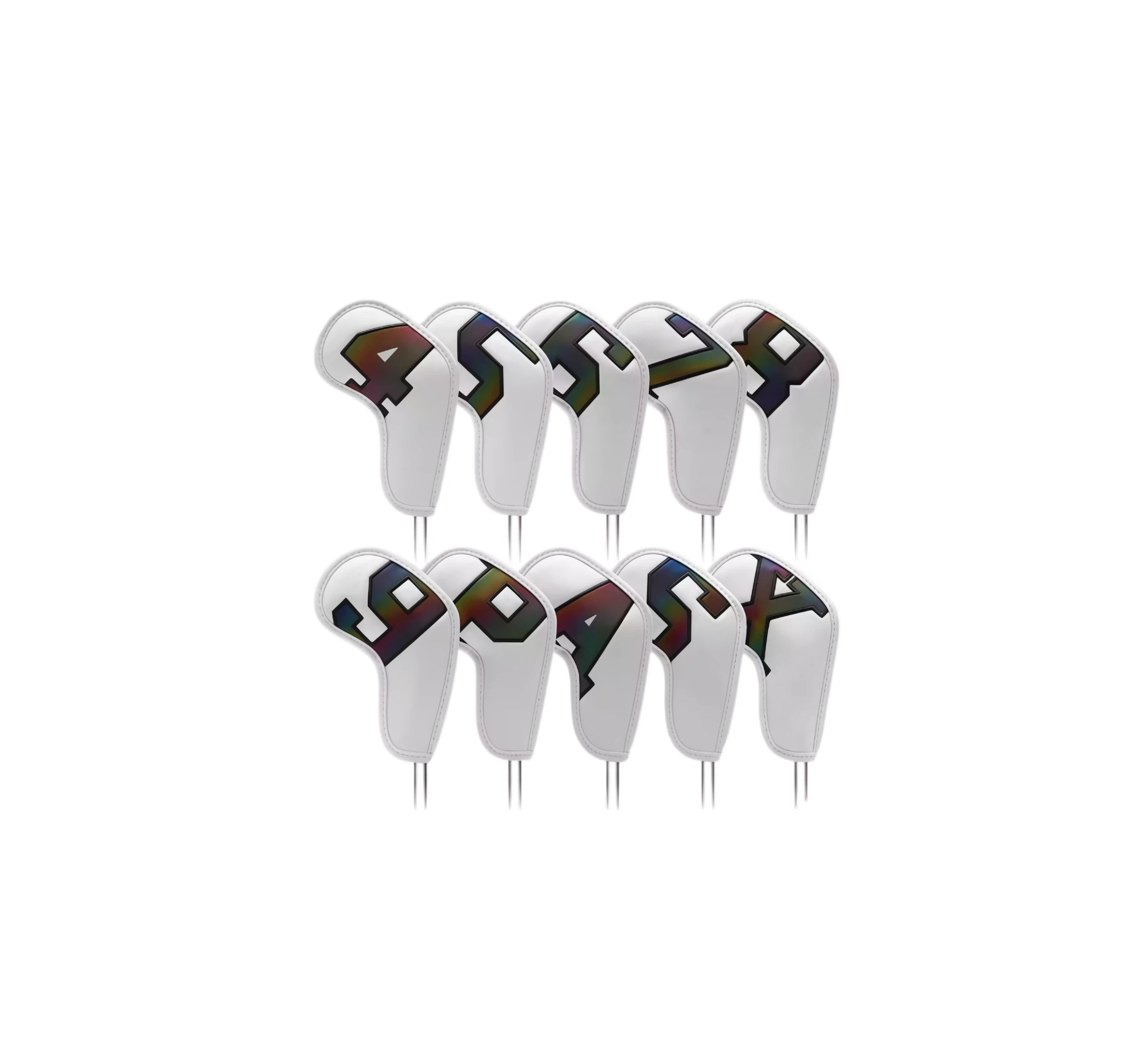 Set of eight white earbud tips with colorful geometric patterns on a white background