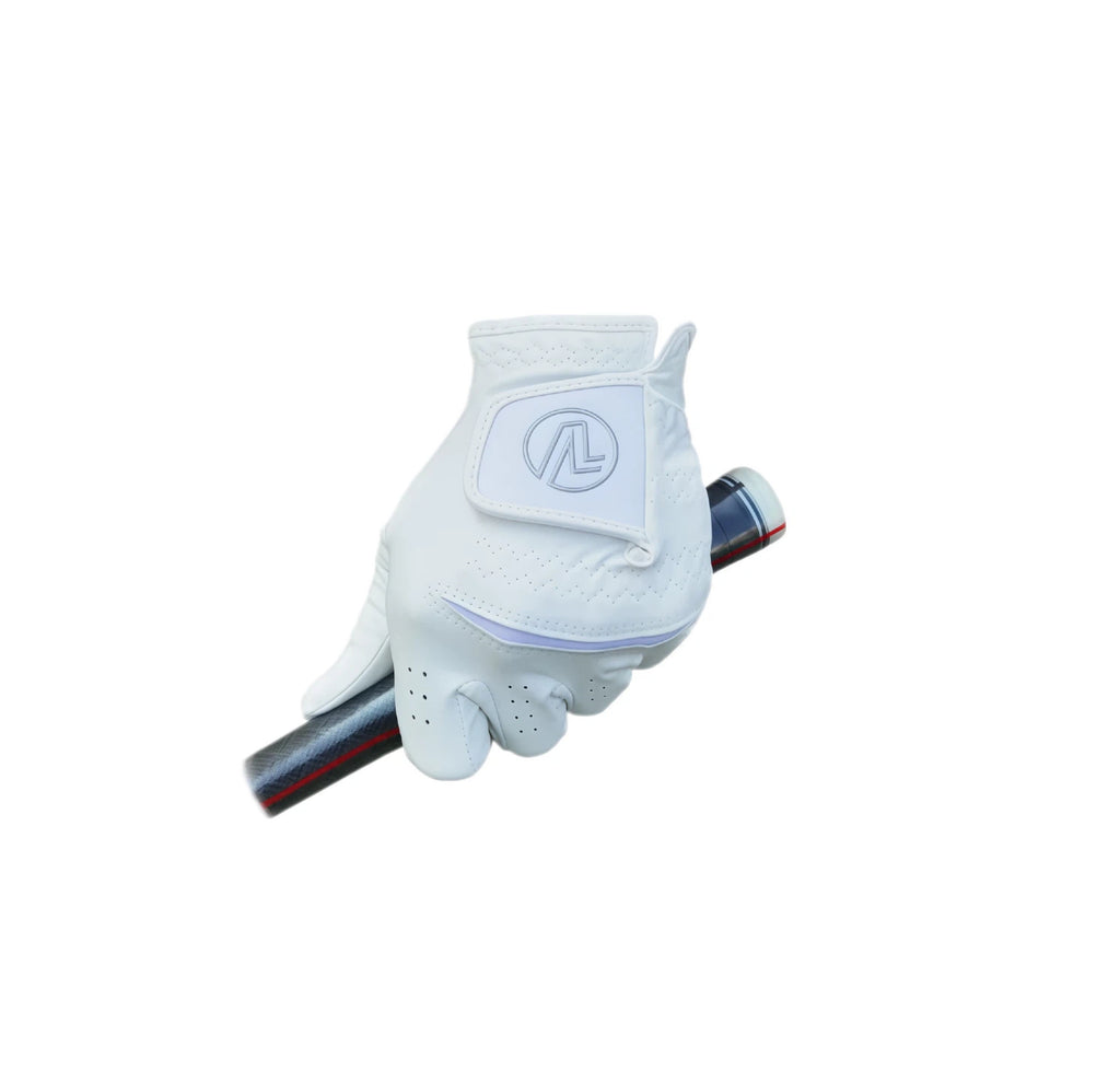A white Volvik men's golf glove with extra padding on the palm, providing a secure and comfortable grip on a golf club. The durable nano fabric construction is visible.