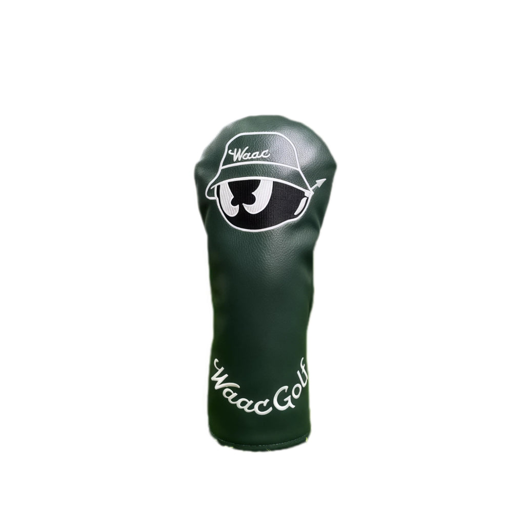 Side view of Waac Classic Green Driver Headcover showcasing PU leather texture and embroidered "Waac Golf" branding, universal fit for golf clubs.