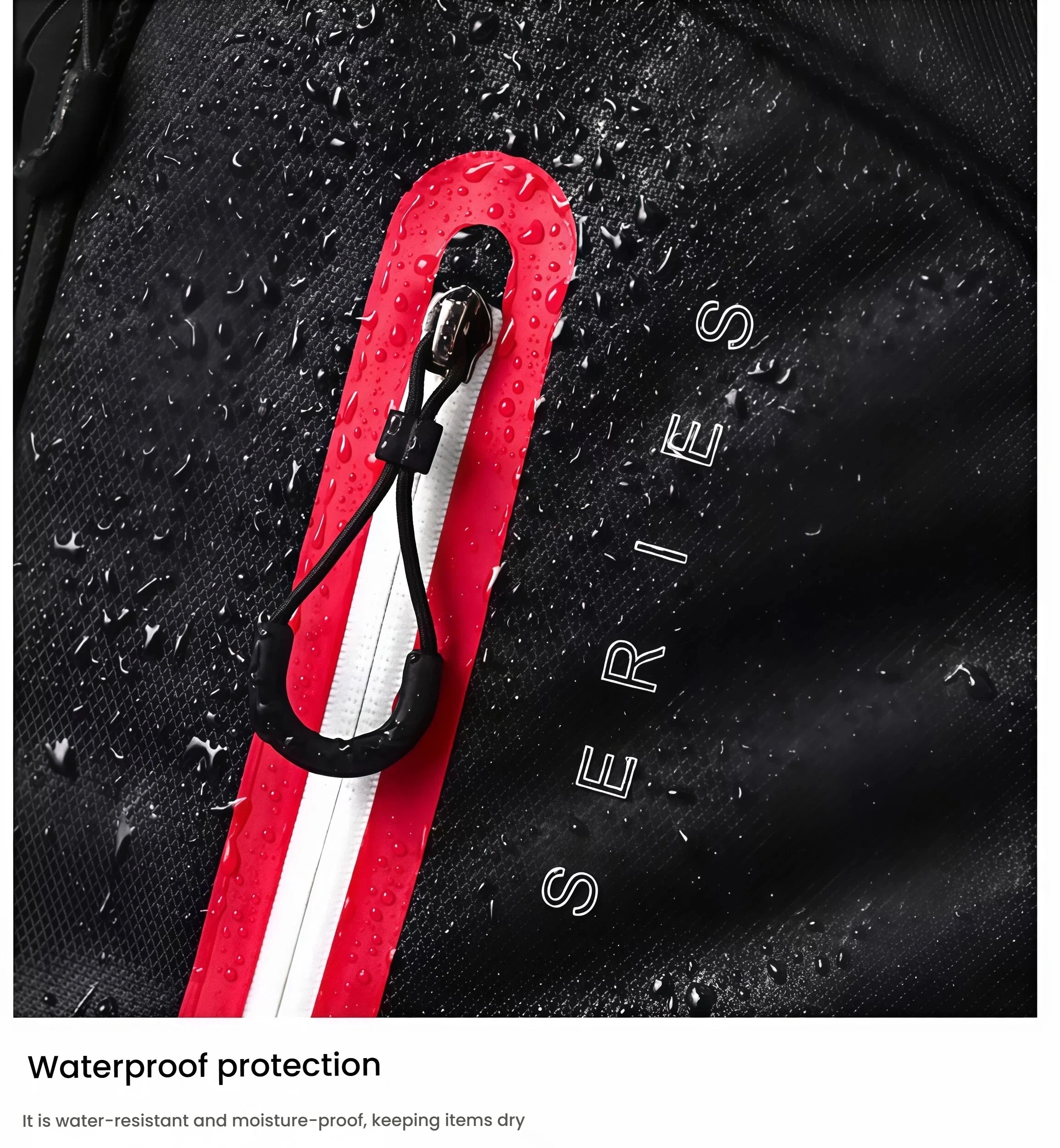 Close-up of water-resistant fabric on the HELIX golf travel bag with raindrops beading off, highlighting its moisture-proof and waterproof protection.