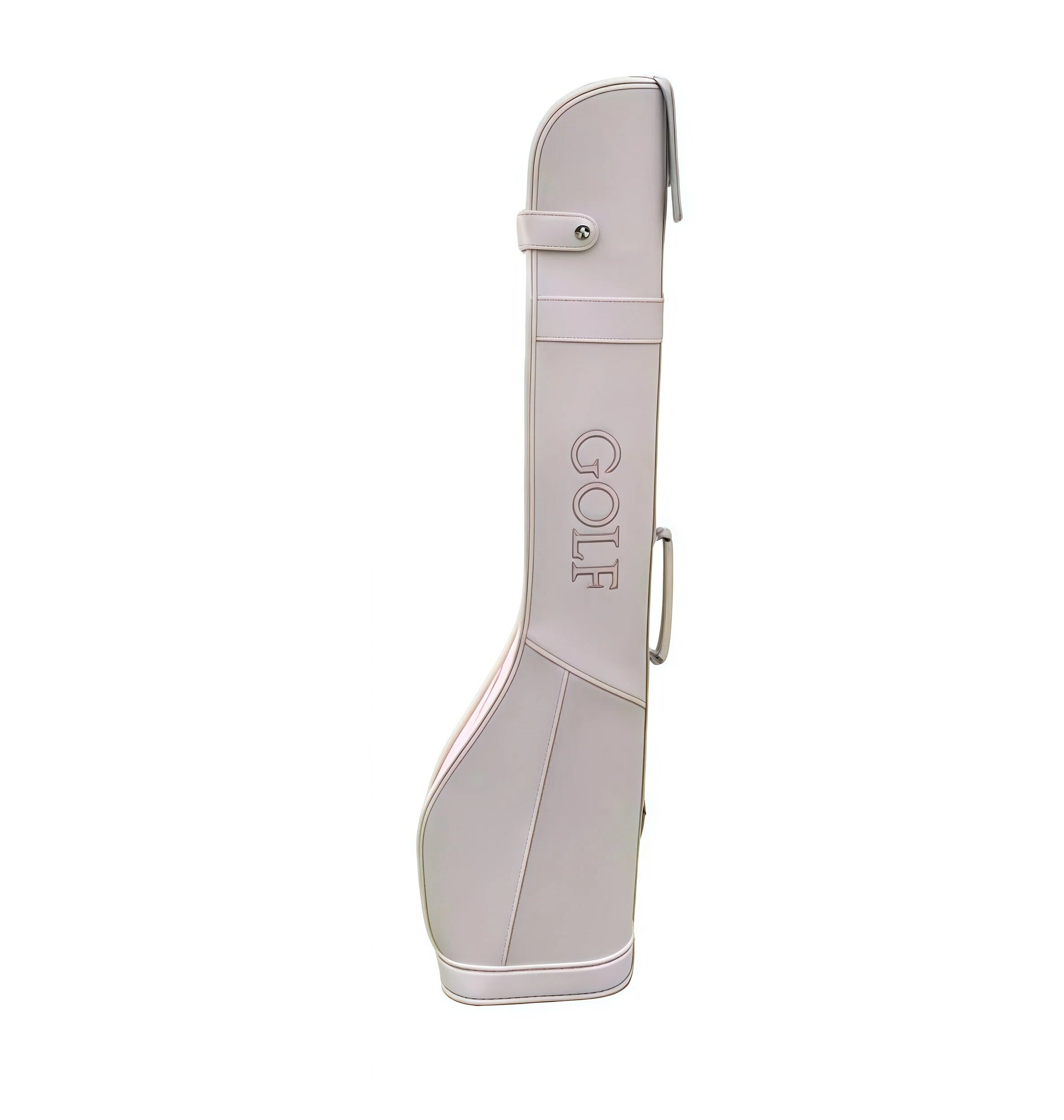 White PU leather golf club bag with clean design, embossed "GOLF" lettering, sturdy handle, and secure flap closure – ideal for stylish golfers who value quality and simplicity.