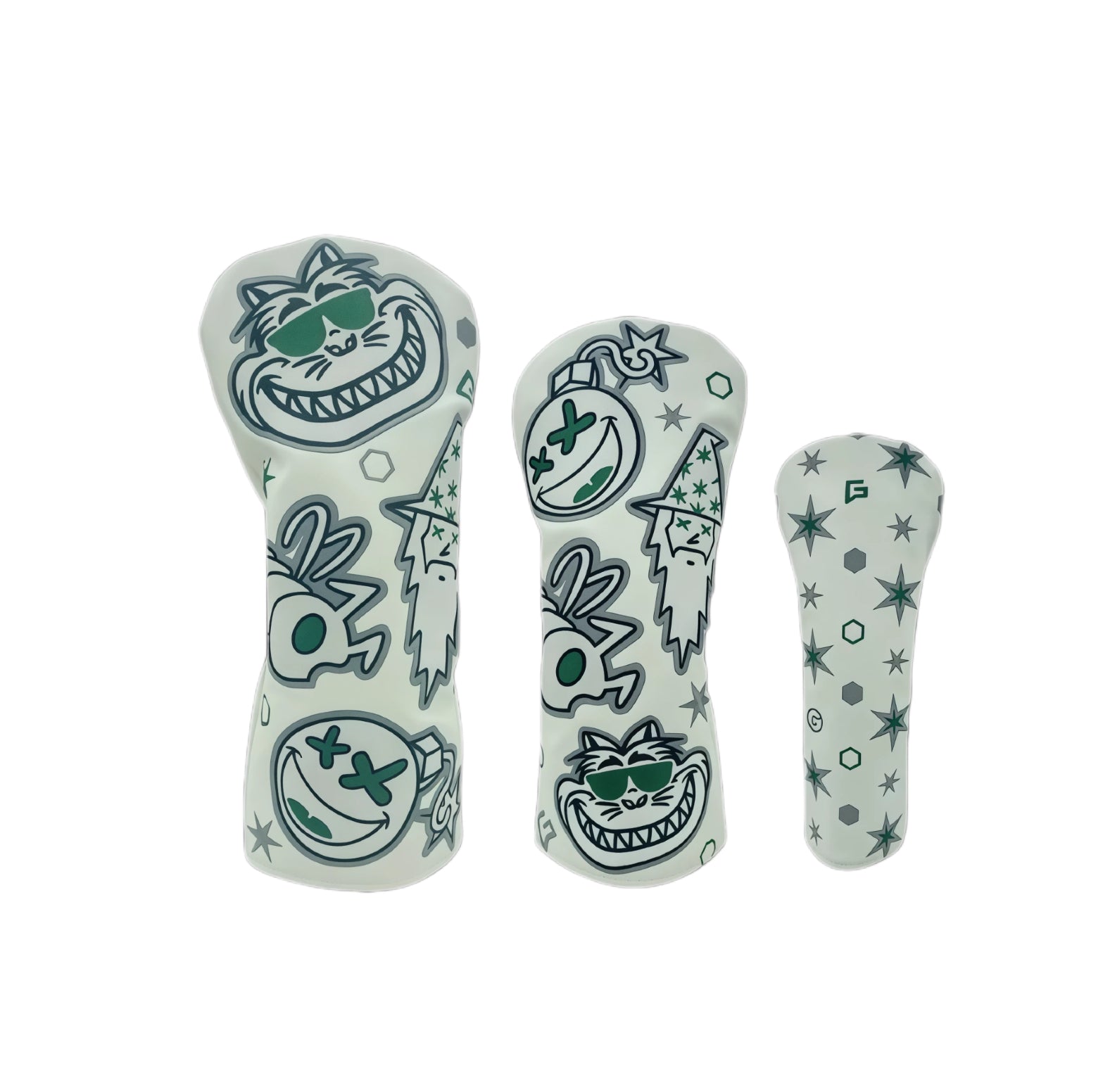 3-piece white Wizard & Fat Cat golf headcovers set featuring green cat, bomb and star embroidery, compatible with driver, fairway and utility clubs for unisex use and durable protection.