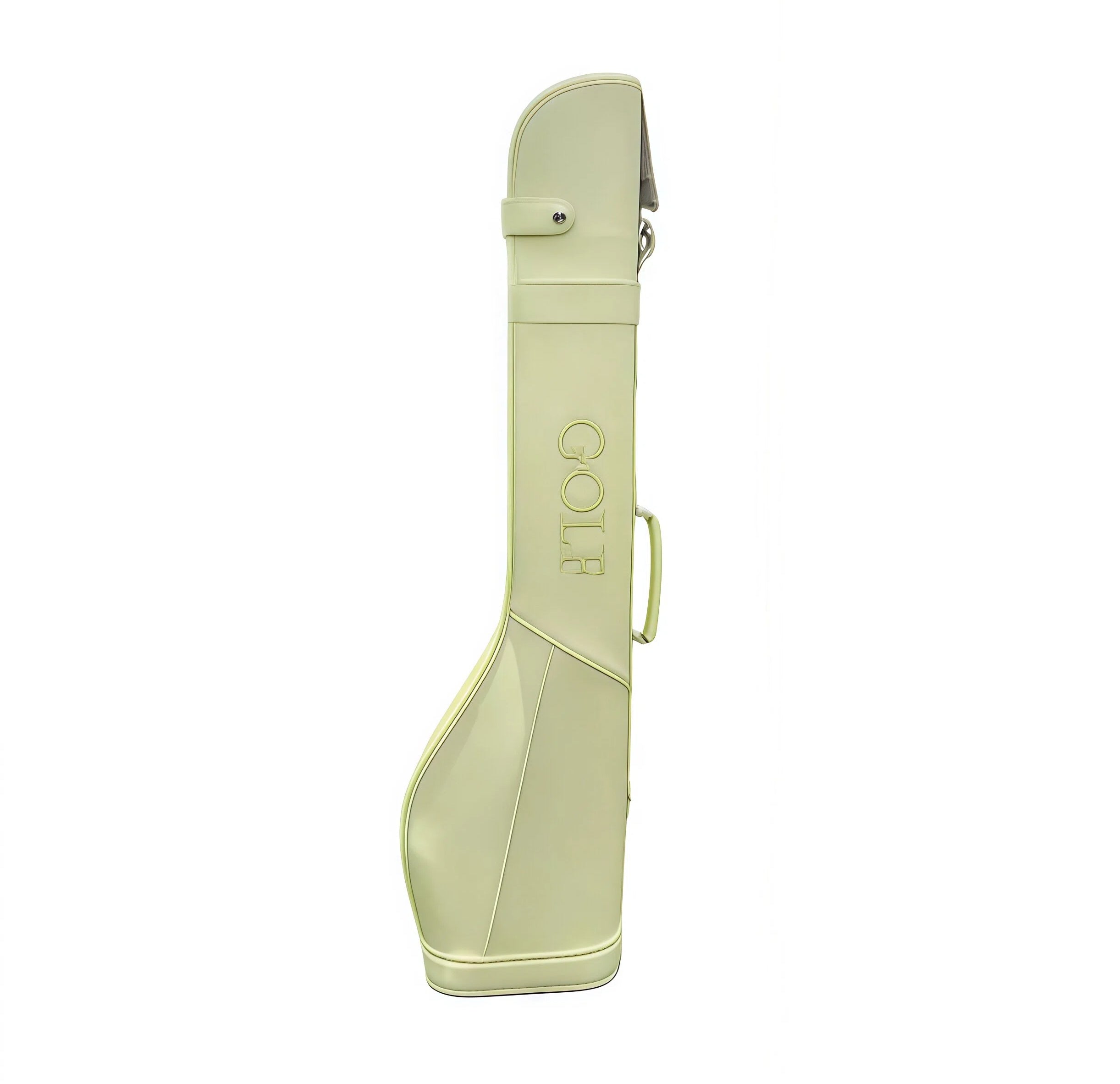 Beige PU leather golf club bag with embossed "GOLF" logo, sleek design, carry handle, and secure closure – ideal for women’s golf gear storage and travel.
