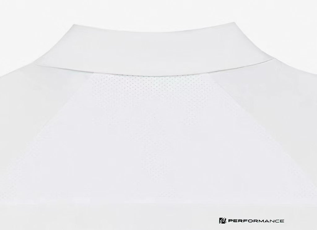 Malbon men's quarter-zip golf polo shirt in White, logo and fabric detail
