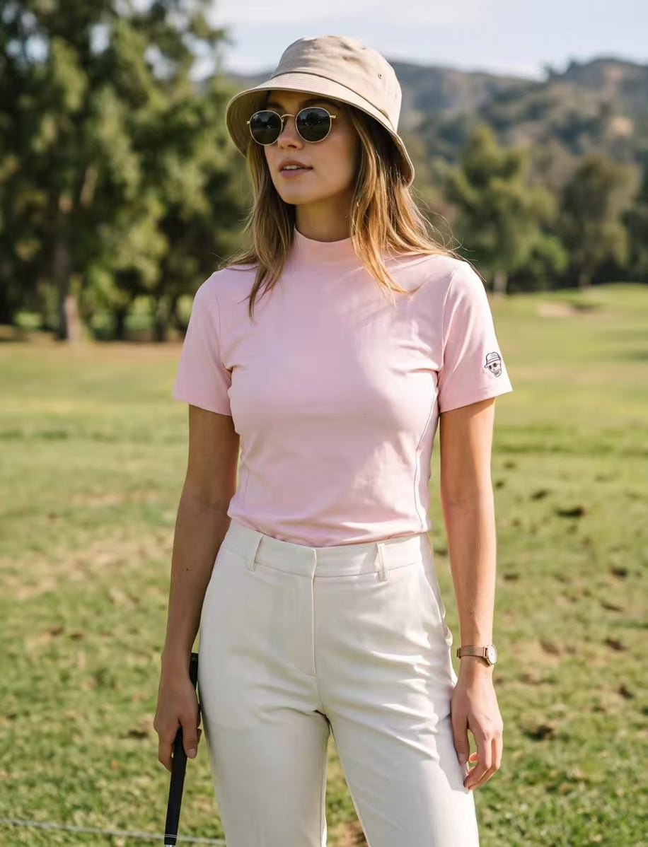 Devereux Golf Women’s American Mock Neck Back Letter Print Golf Shirt in Pink - product view