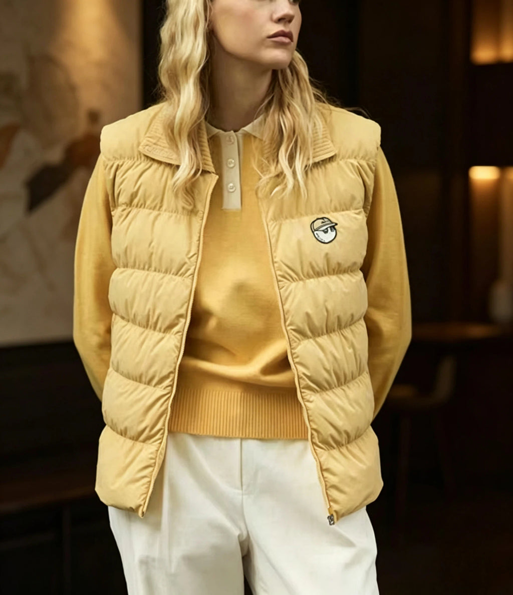 Malbon Golf Women’s Knit Collar Insulated Down Vest yellow model front view