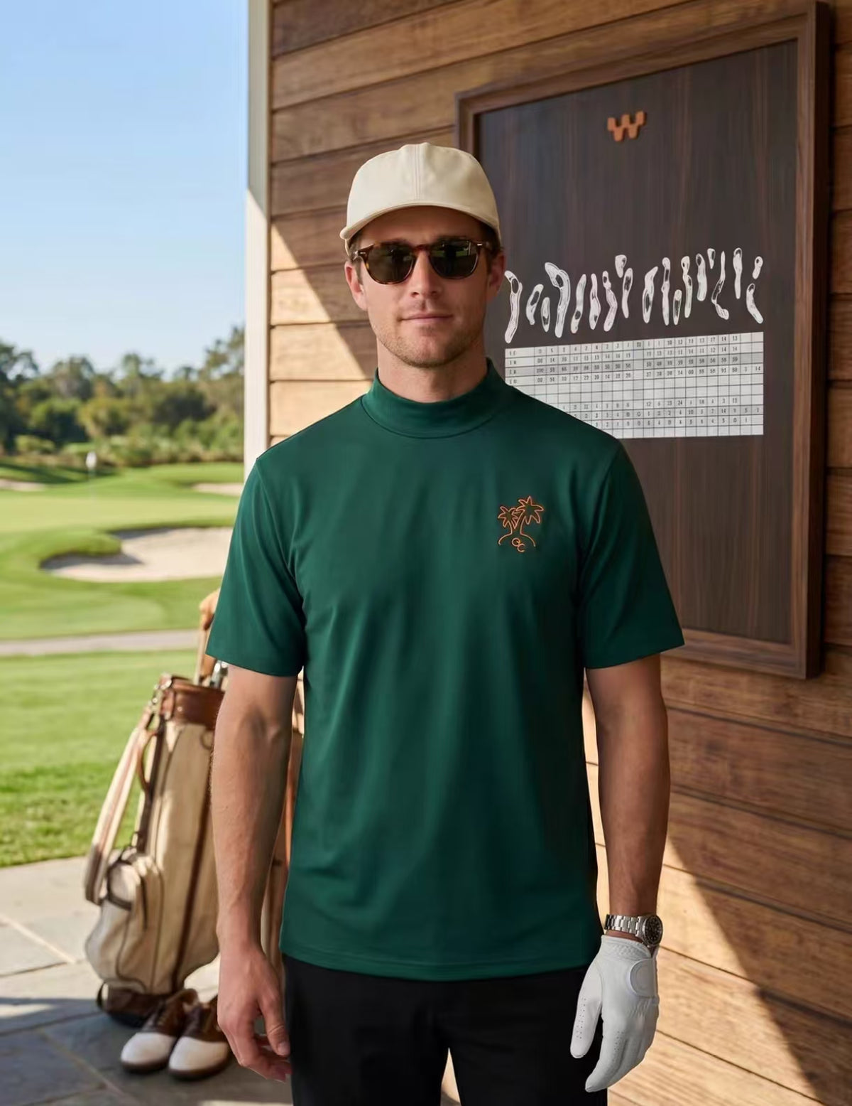 Devereux Golf Men’s Summer Mock Neck Scorecard Print Golf Shirt in Green - product view