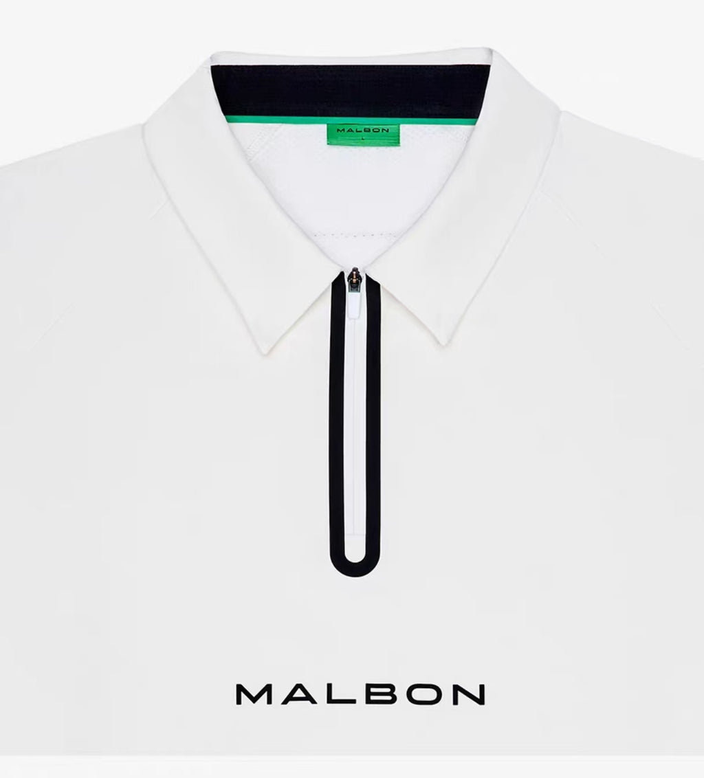 Malbon men's quarter-zip golf polo shirt in White, back view