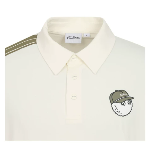 Malbon men's Breathable Casual Athletic Golf Polo in White, logo and fabric detail