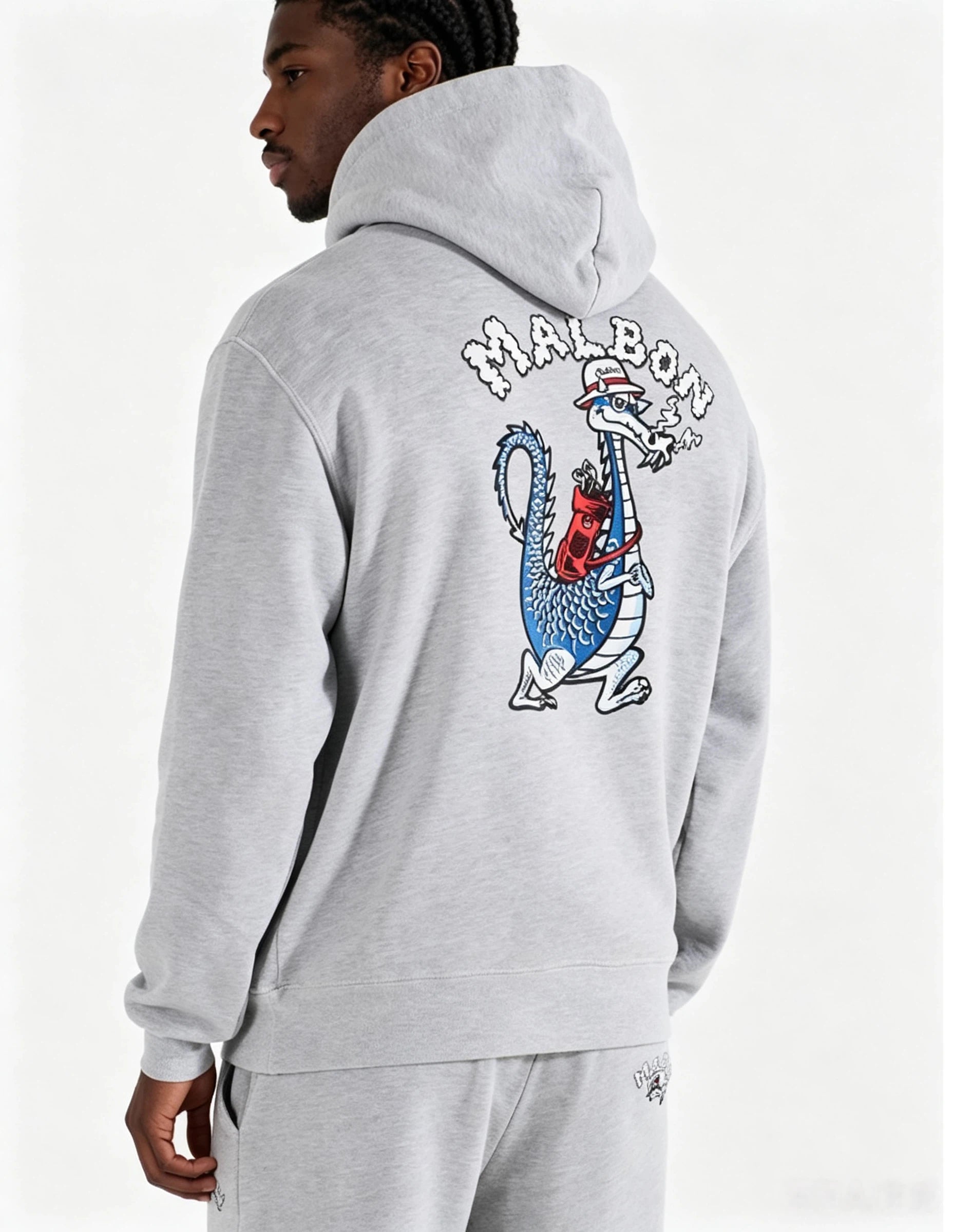 Malbon Unisex Dragon Graphic Heavyweight Golf Hoodie Grey back graphic detail