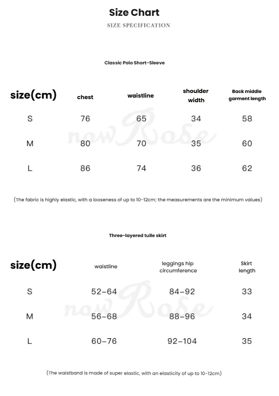 NowRose White golf polo and skirt size chart