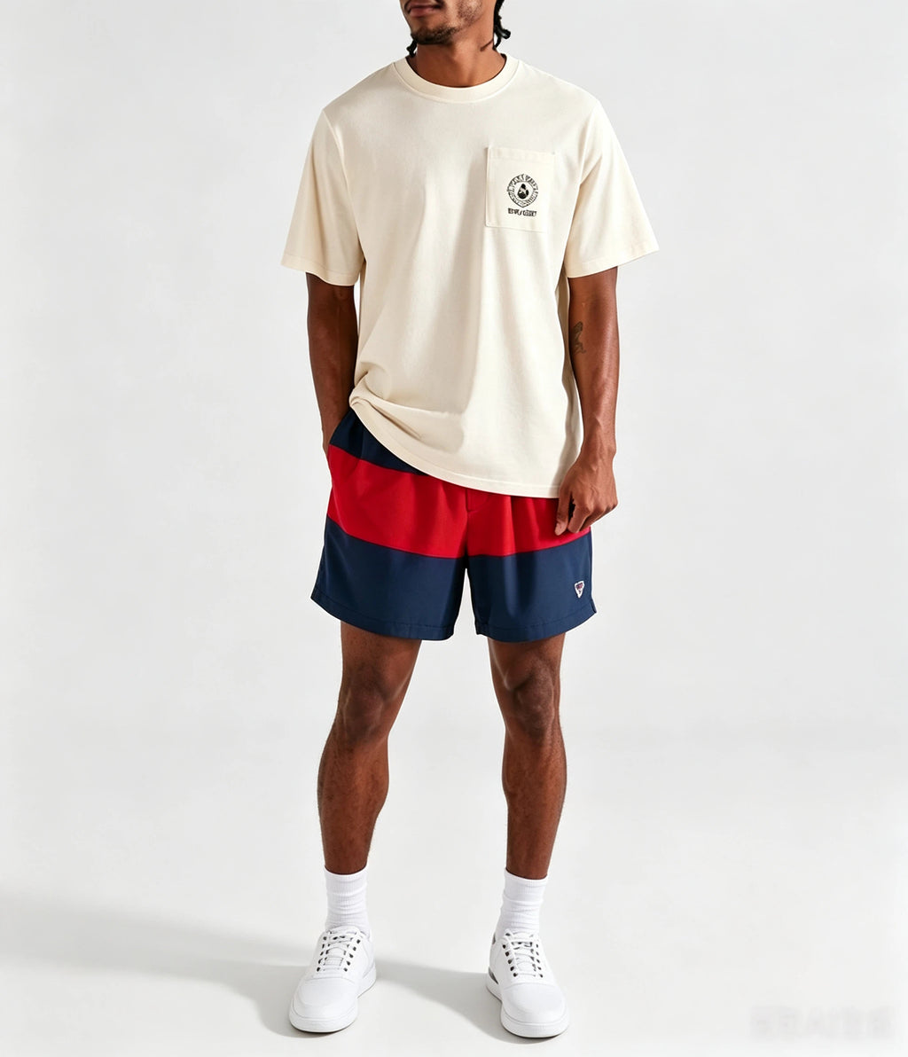 Malbon men's Vesta crewneck golf T-shirt in Cream, lifestyle back view