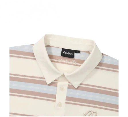 Malbon Golf Striped Polo Shirt Men Women Casual Sport Tee Beige collar and logo detail