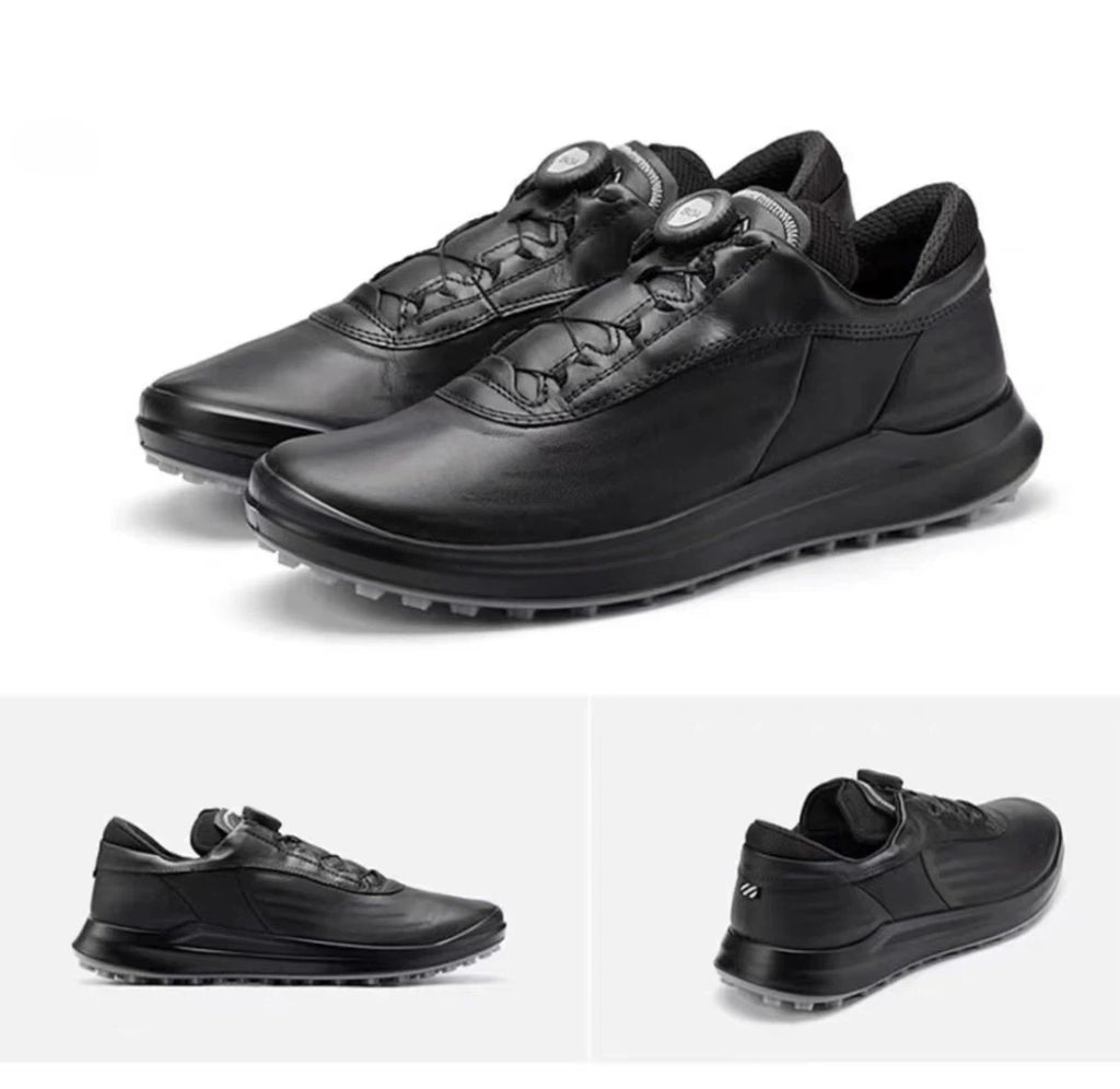 men’s waterproof leather golf shoes in Black, pair and multi-angle views