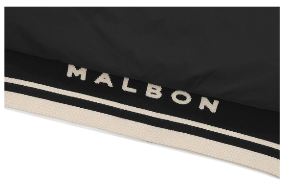 Malbon women's lightweight thermal down golf jacket in Black, branding detail