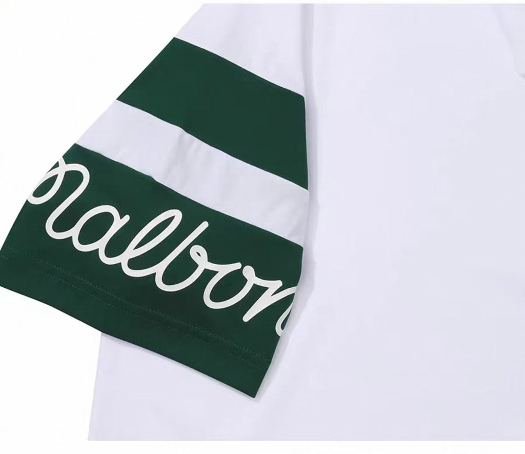 Malbon men's lightweight cooling quick-dry golf polo shirt in White, lifestyle front view