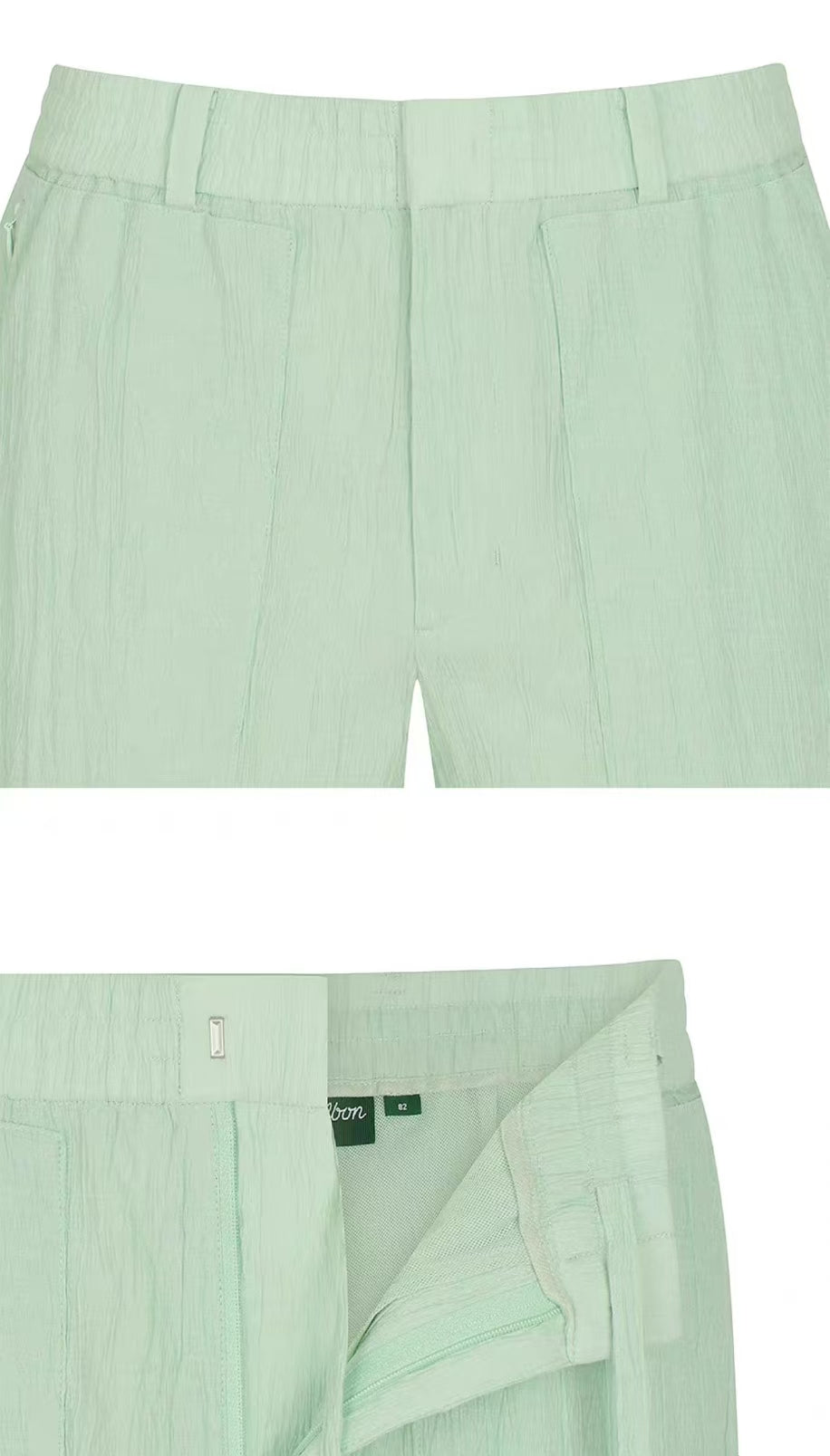 Malbon men's Elastic Waist Athletic Golf Shorts in Mint Green, logo and fabric detail