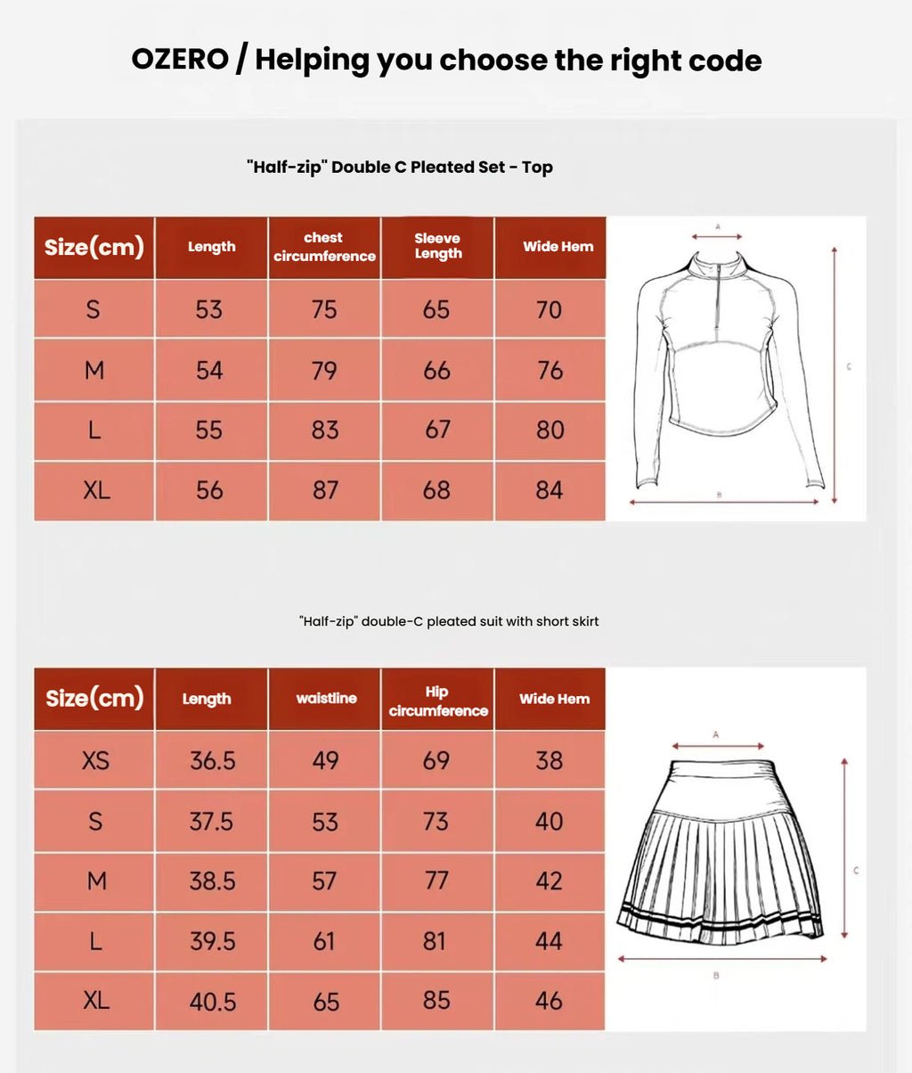 OZERO women’s quarter-zip shirt and pleated skirt size chart