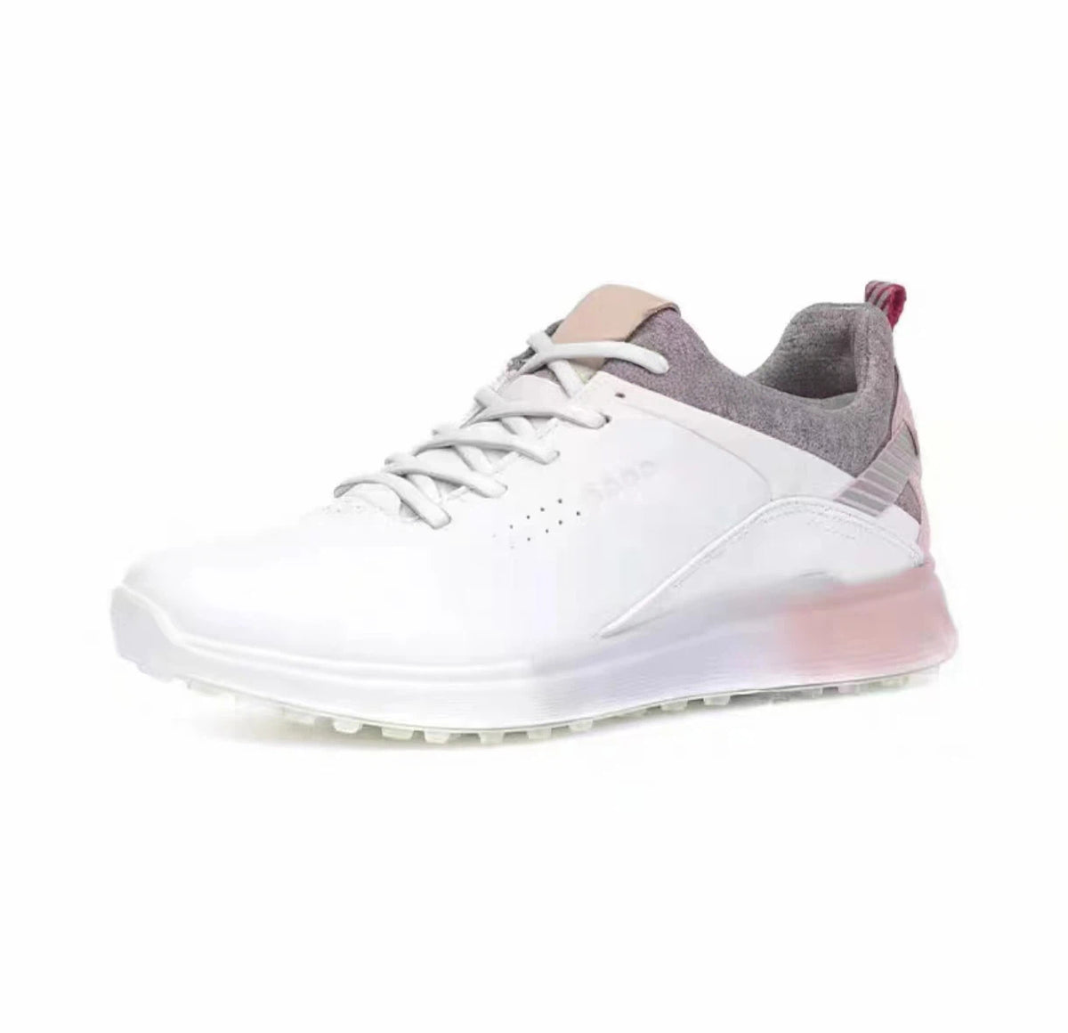 women’s leather anti-slip golf shoes in White & Pink, angled front view