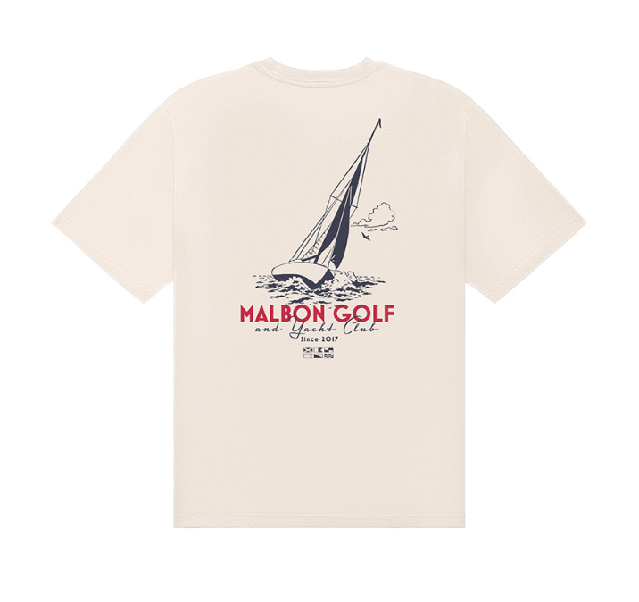 Malbon men's Vesta crewneck golf T-shirt in Cream, back view