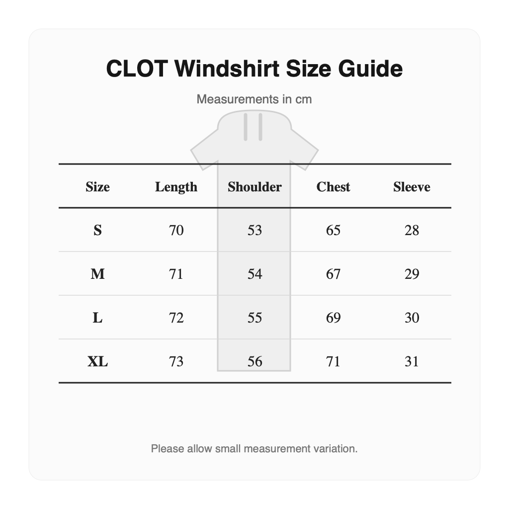 Malbon CLOT windshirt S-XL size guide