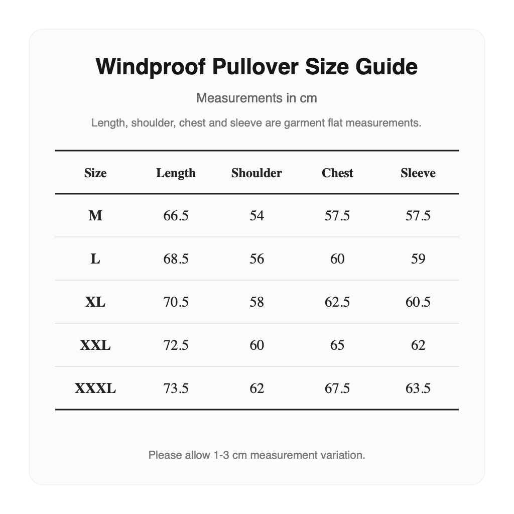 Malbon Lightweight Stretch Windproof Pullover English size guide
